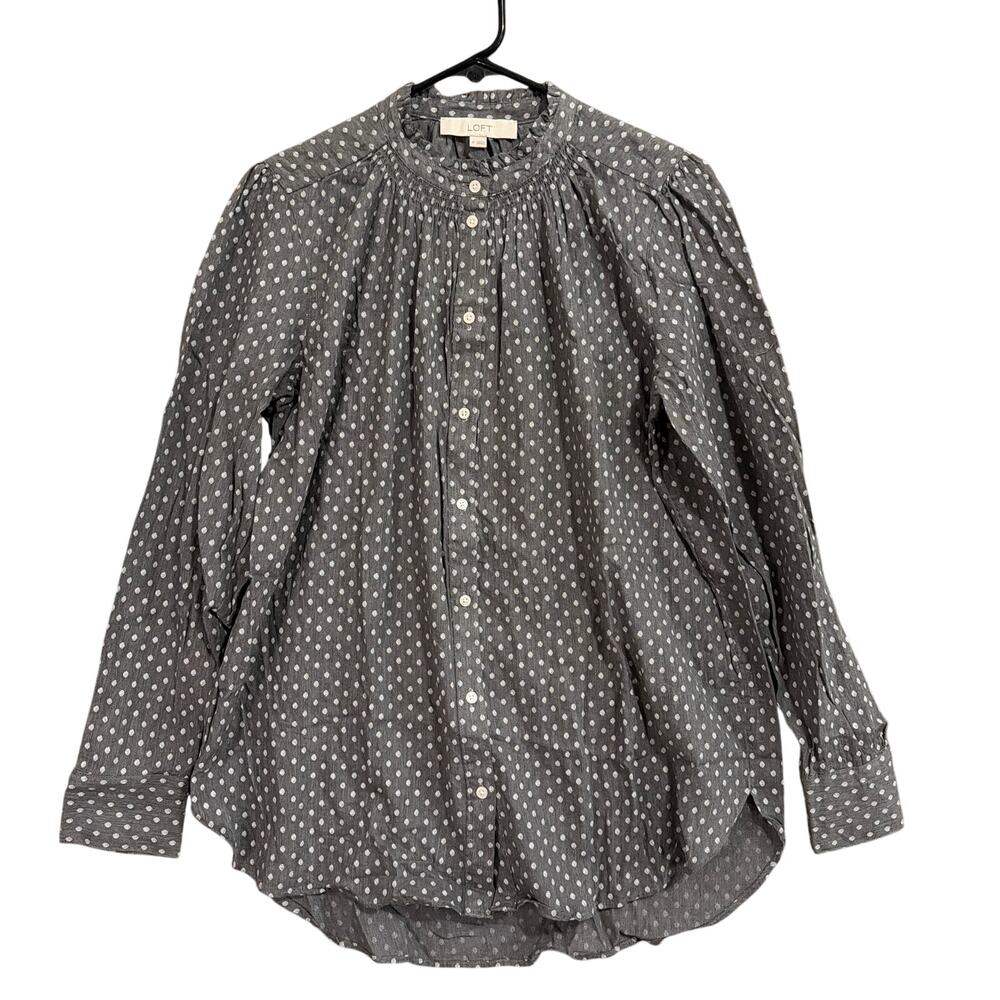 LOFT Womens Blouse Gray White Polka Dot Button Down 100% Cotton Long Sleeve M